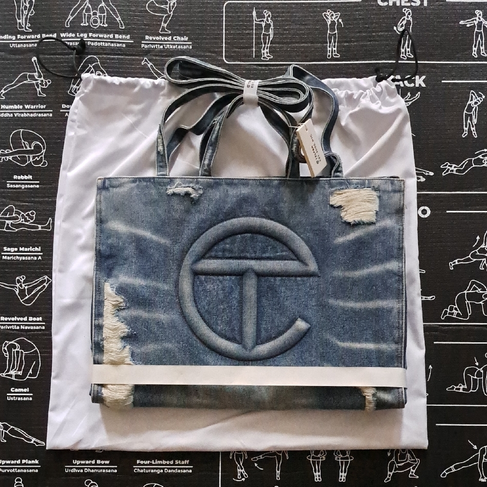 Telfar Blue Denim Tote with Distressed Accents
